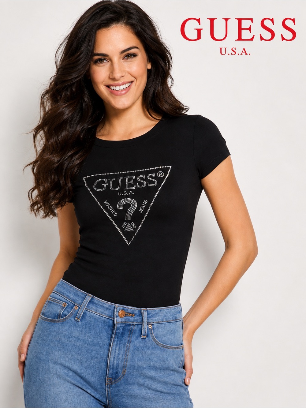 GUESS Rhinestone Logo Tee in Jet Black, Size XL